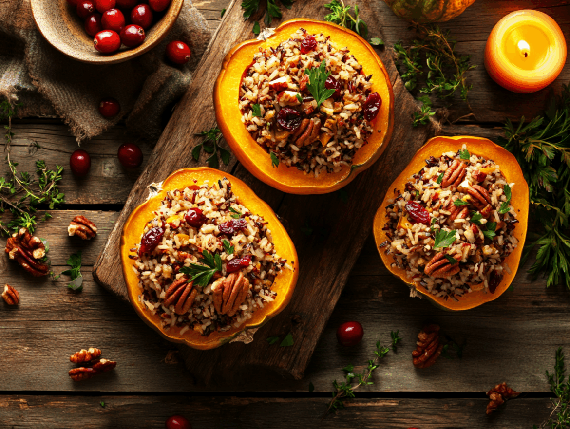 Savory Stuffed Acorn Squash with Wild Rice and Cranberries