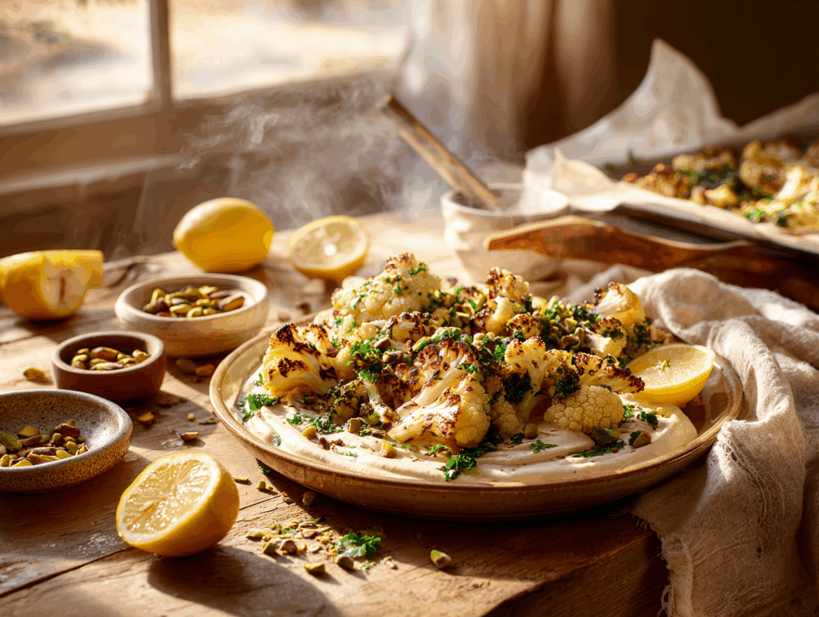 Mediterranean Roasted Cauliflower with Tahini-Lemon Drizzle & Herb Gremolata