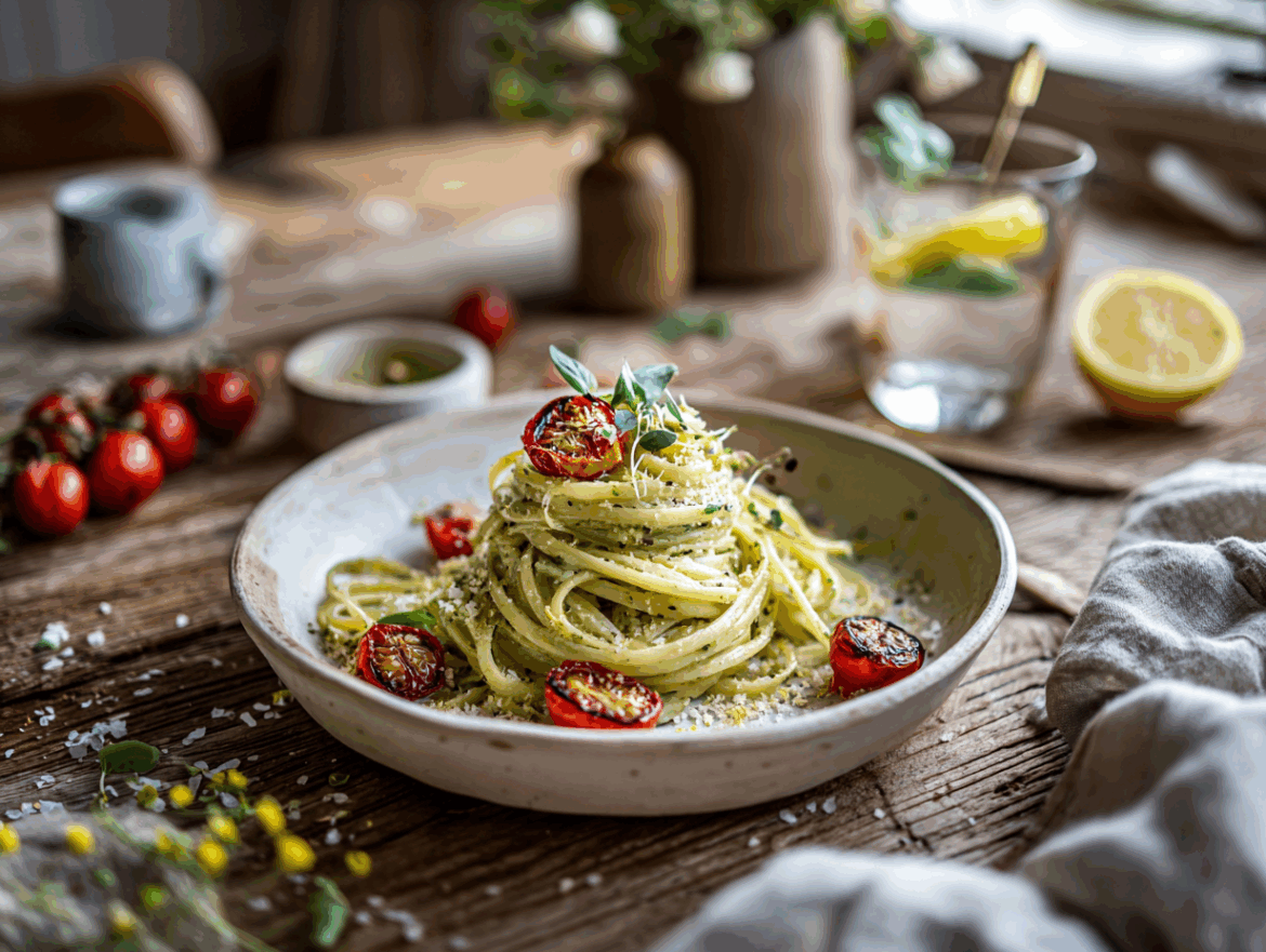 Avocado Pesto Pasta with Blistered Tomatoes