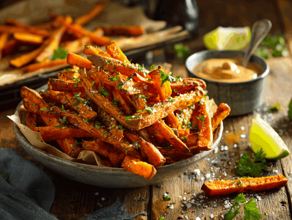 Oven-Crisped Sweet Potato Fries with Smoky Maple Tahini