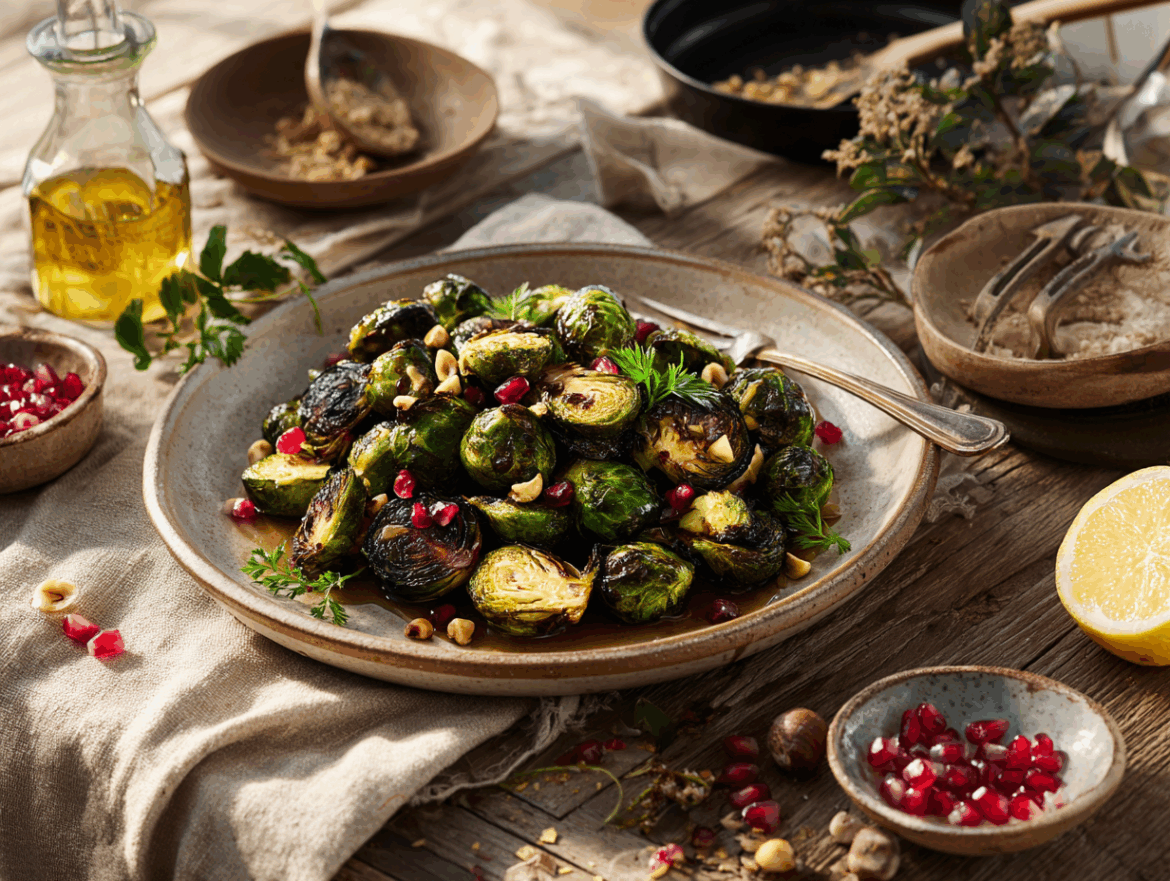 Maple-Dijon Roasted Brussels Sprouts with Lemon and Hazelnuts