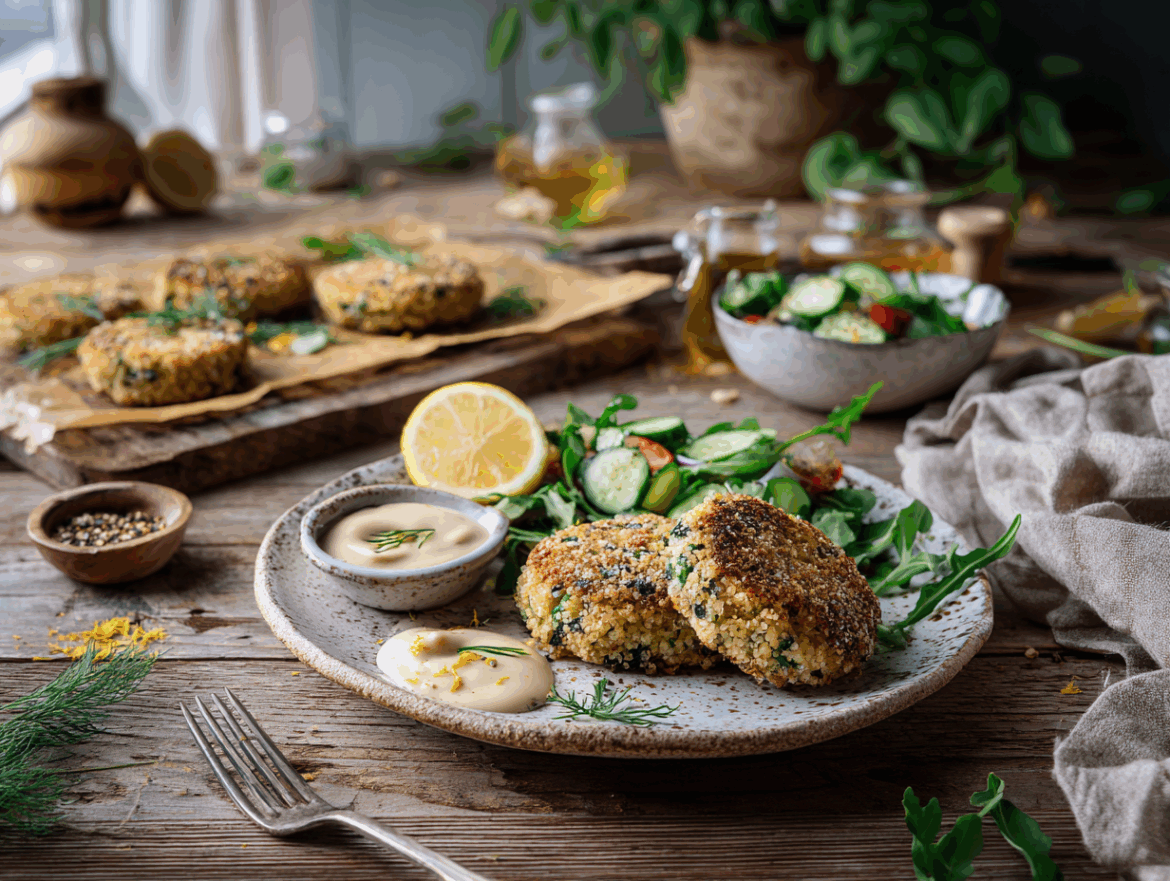 Crispy Vegan Quinoa Cakes with Lemon-Tahini Herb Sauce
