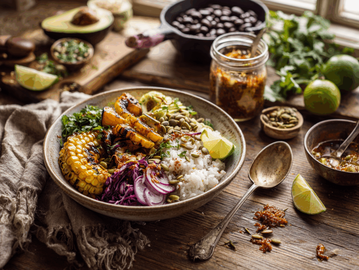 Oaxacan Bowl with Smoky Black Beans, Roasted Squash, Lime-Cilantro Rice, and Almond-Pepita Salsa Macha
