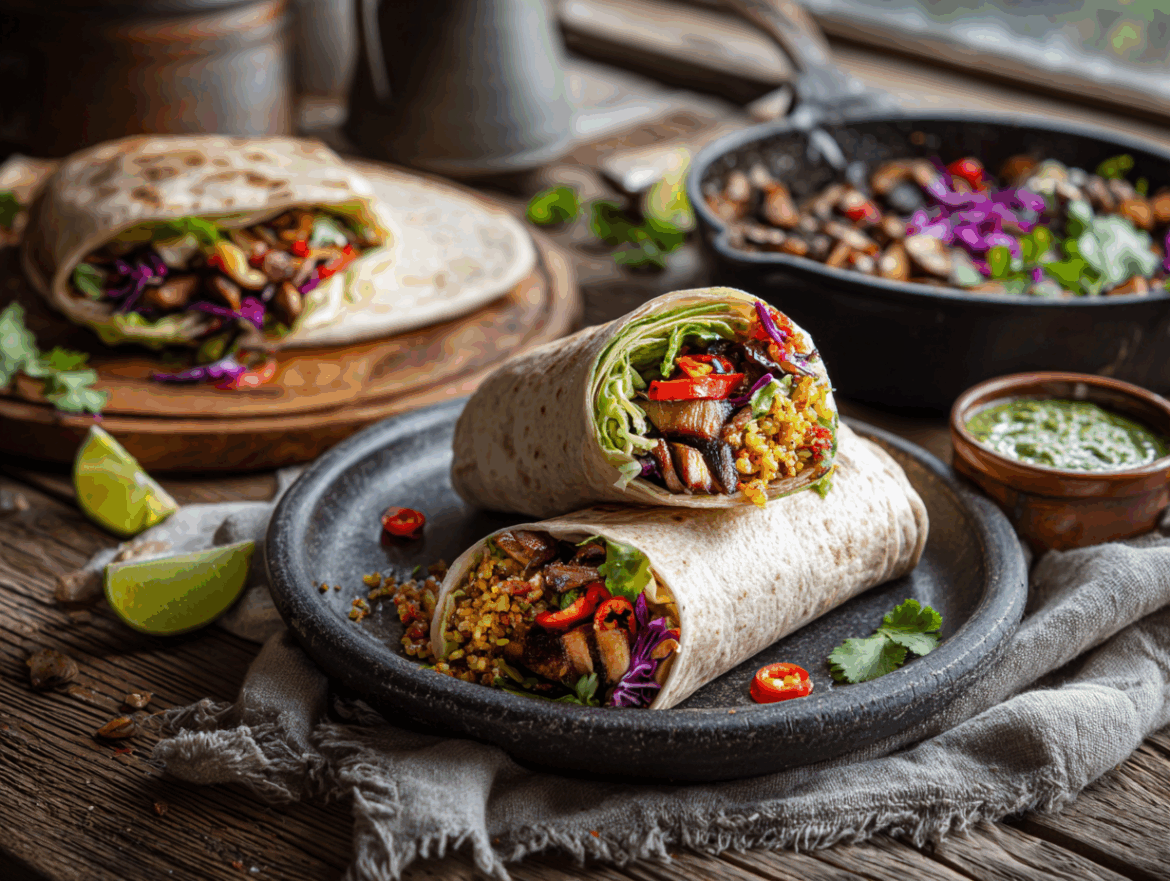 Vegan Peruvian Burrito with Aji Amarillo Quinoa, Lomo Saltado Mushrooms, and Huacatay Chimichurri