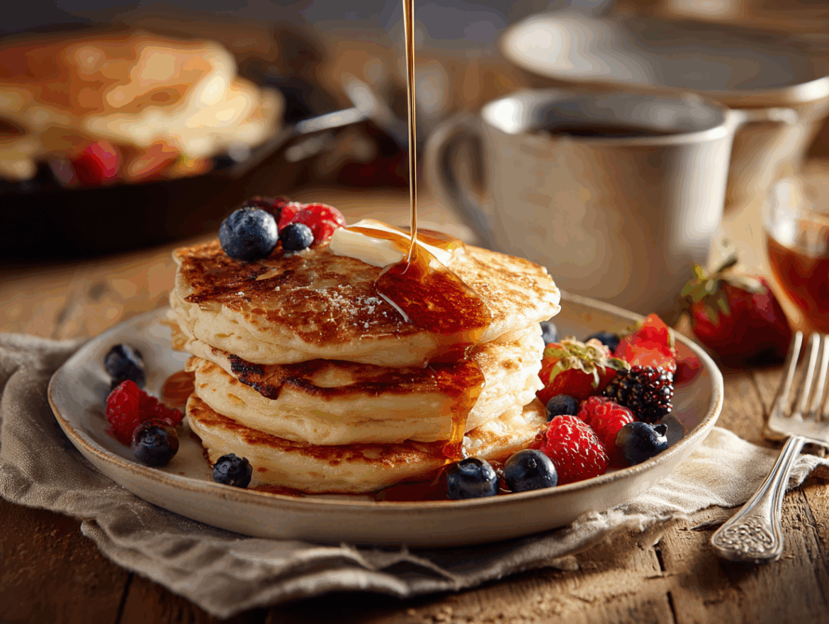 Fluffy Vegan Buttermilk Pancakes with Maple & Berries