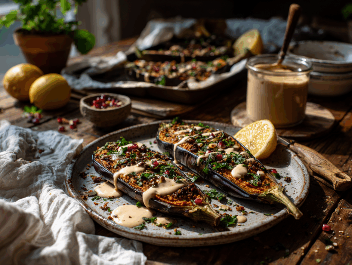 Lentil Stuffed Eggplant with Lemon-Tahini Herb Drizzle