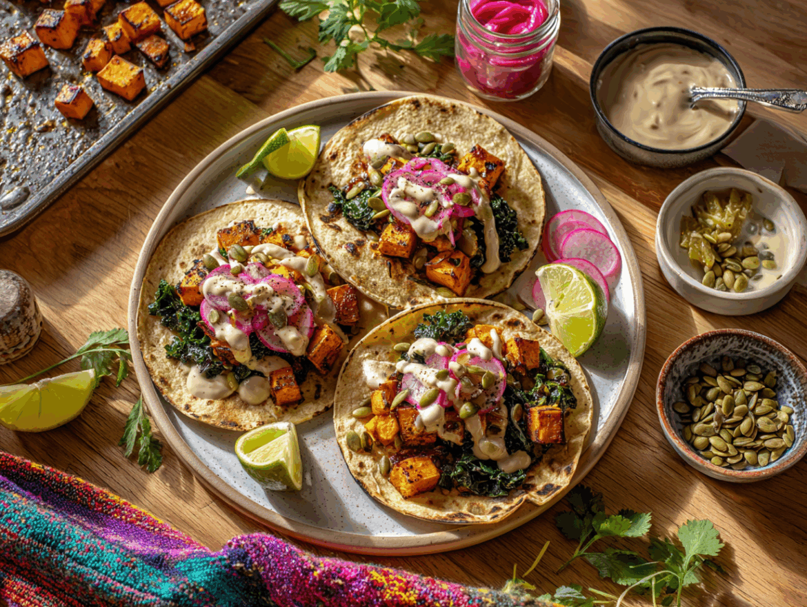 Sweet Potato and Kale Tacos with Chipotle-Lime Cashew Crema