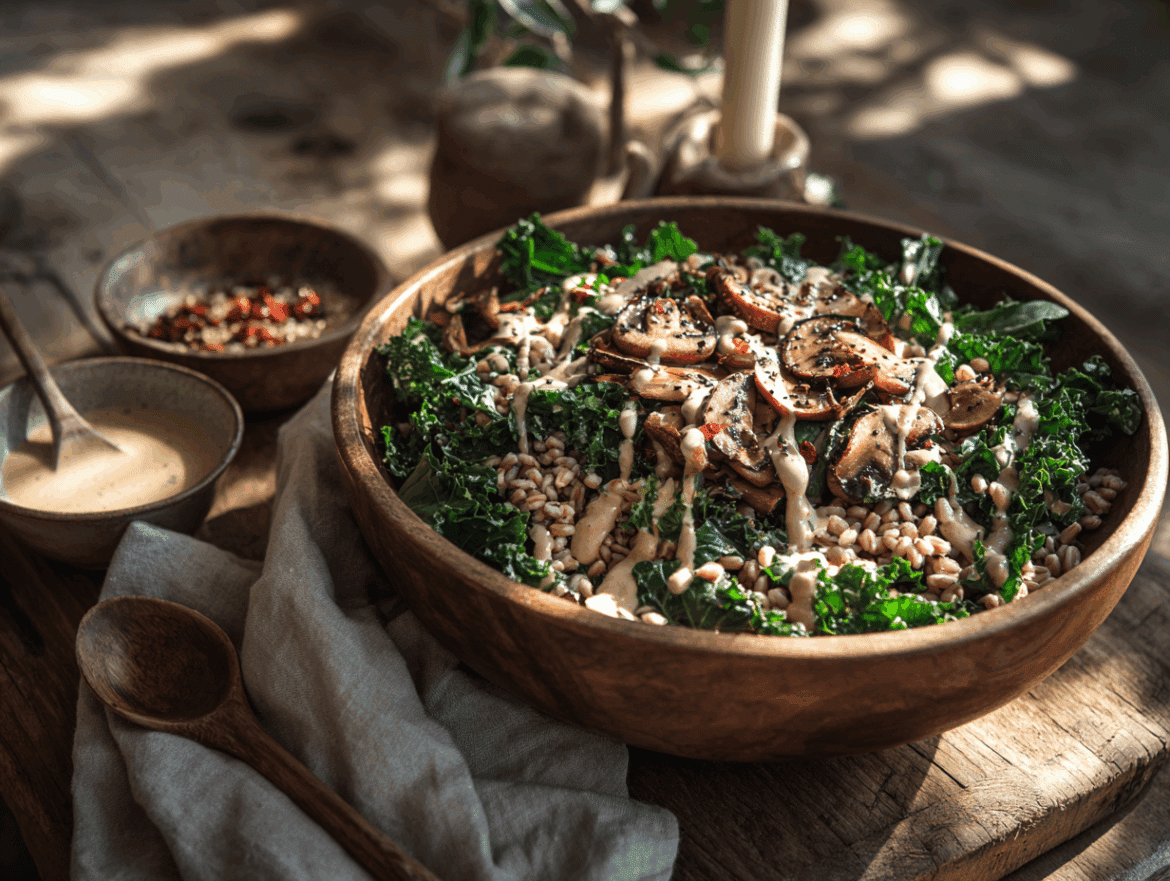 Vegan Mushroom Kale Farro Bowl