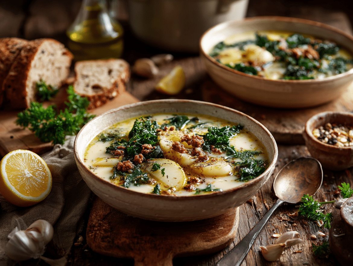 Vegan Zuppa Toscana with Kale, Potatoes, and Smoky Sausage