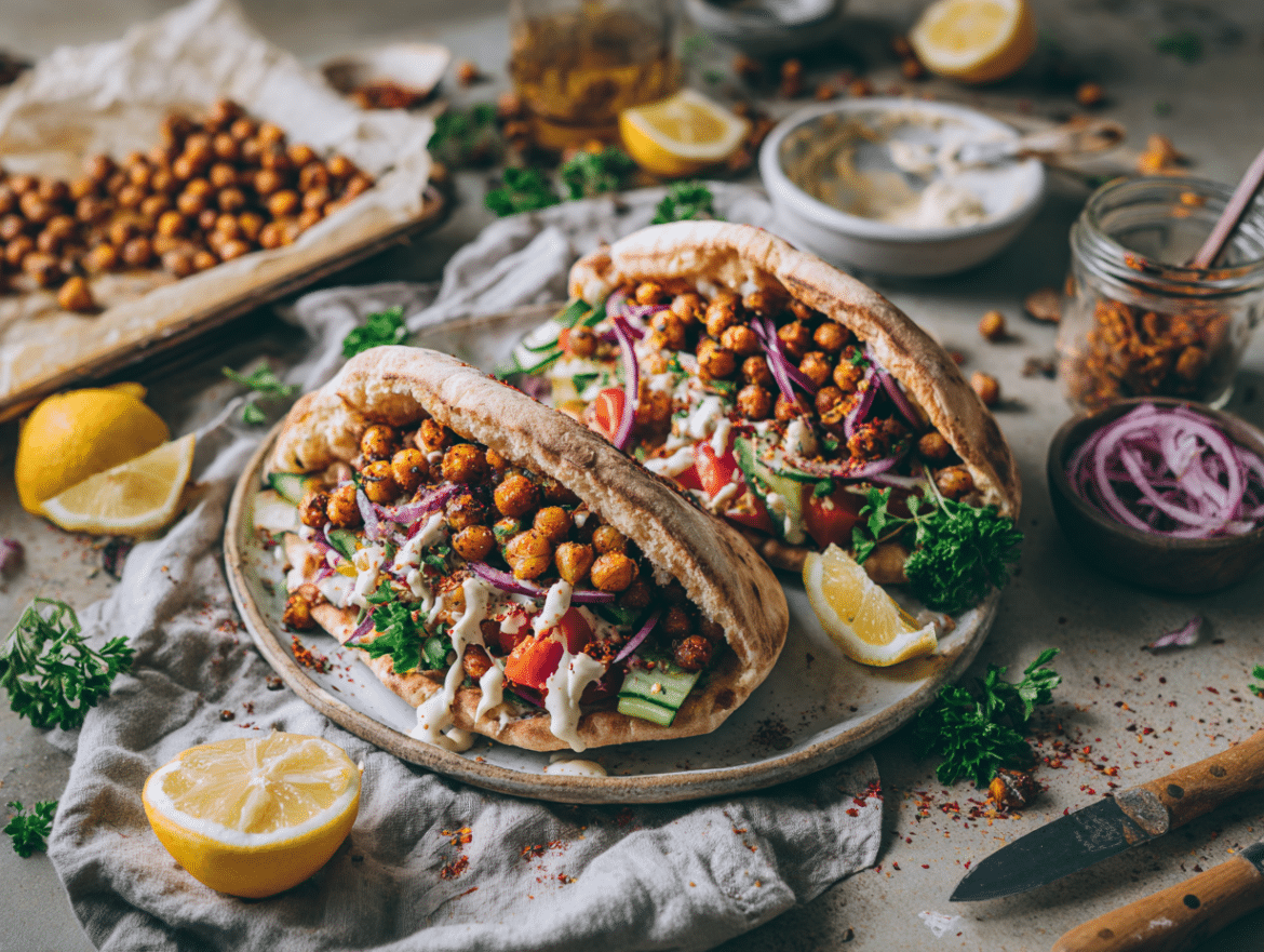 Crispy Chickpea Shawarma Pitas with Lemon-Garlic Tahini