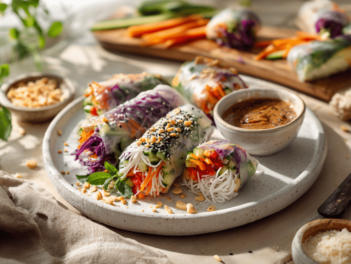 Vegan Vegetable Spring Rolls with Peanut–Lime Dipping Sauce