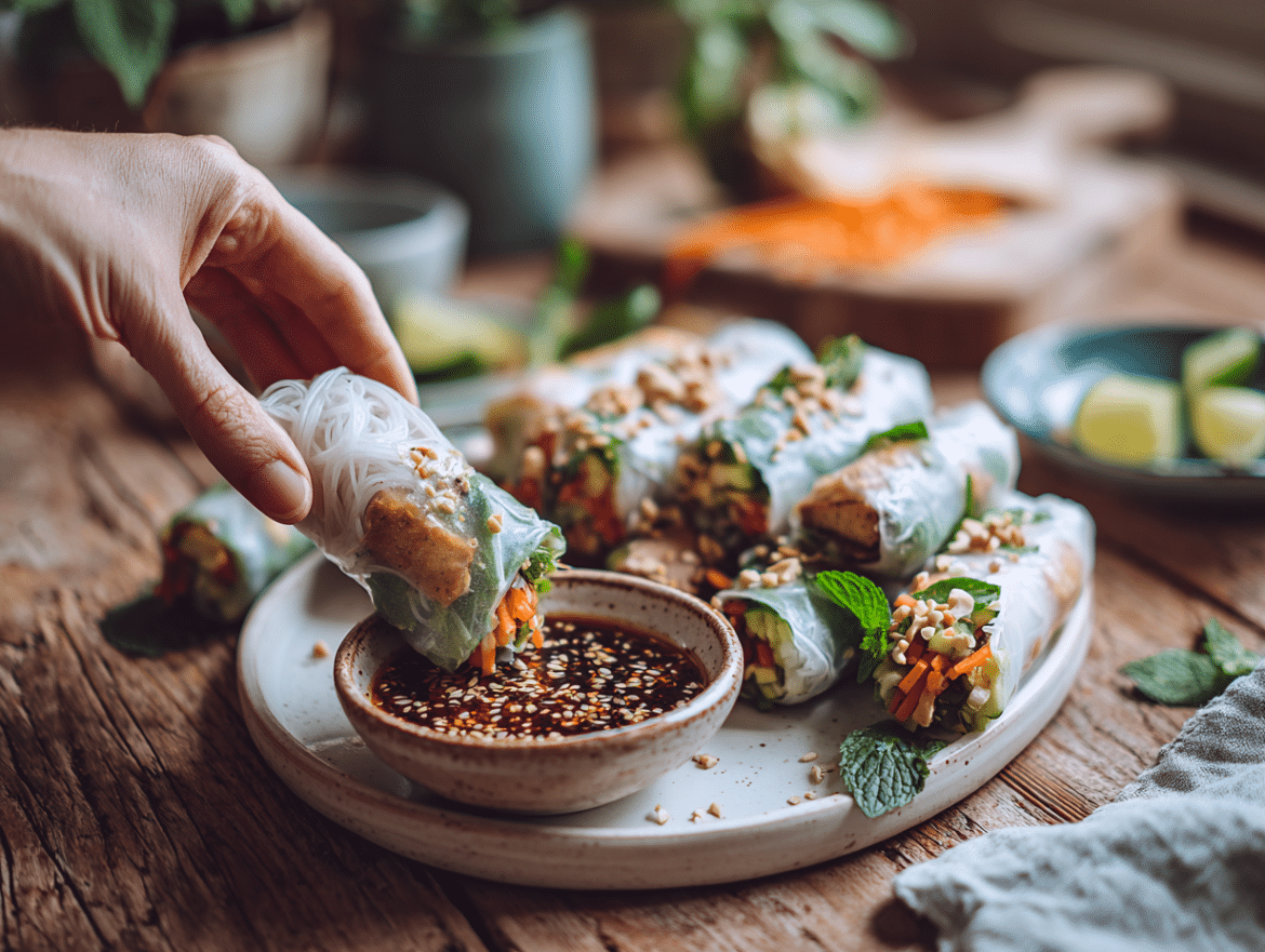Crisp Tofu Rice Paper Rolls with Nuoc Cham–Style Peanut Dipping Sauce