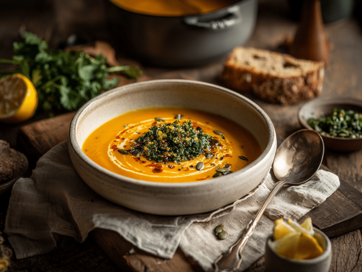 Silky Carrot Lentil Soup with Ginger & Citrus Gremolata