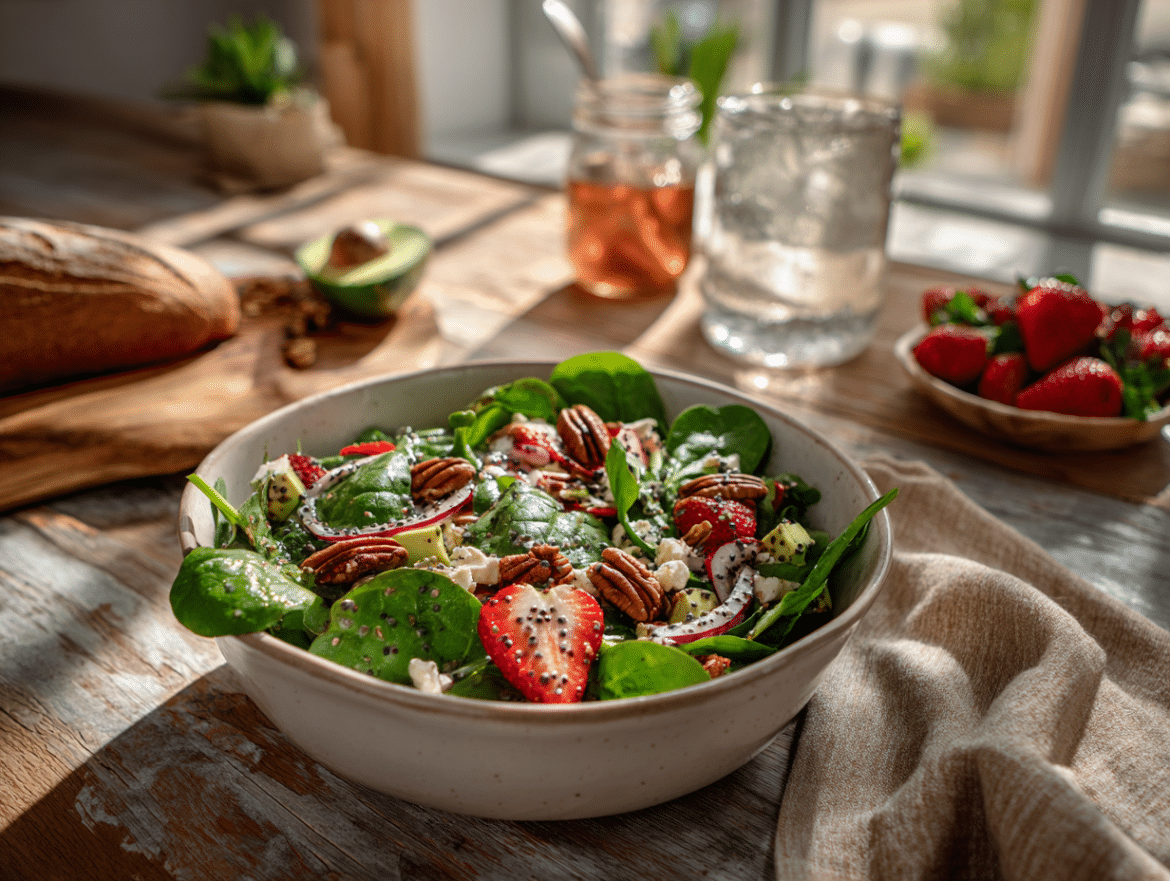 Sun-Kissed Spinach and Strawberry Salad with Maple-Balsamic Poppy Seed Dressing