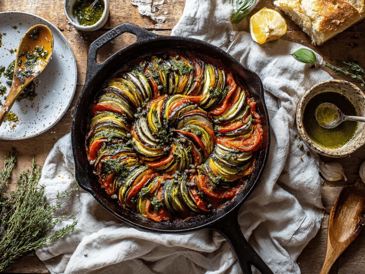 Baked Ratatouille with Basil–Parsley Herb Oil