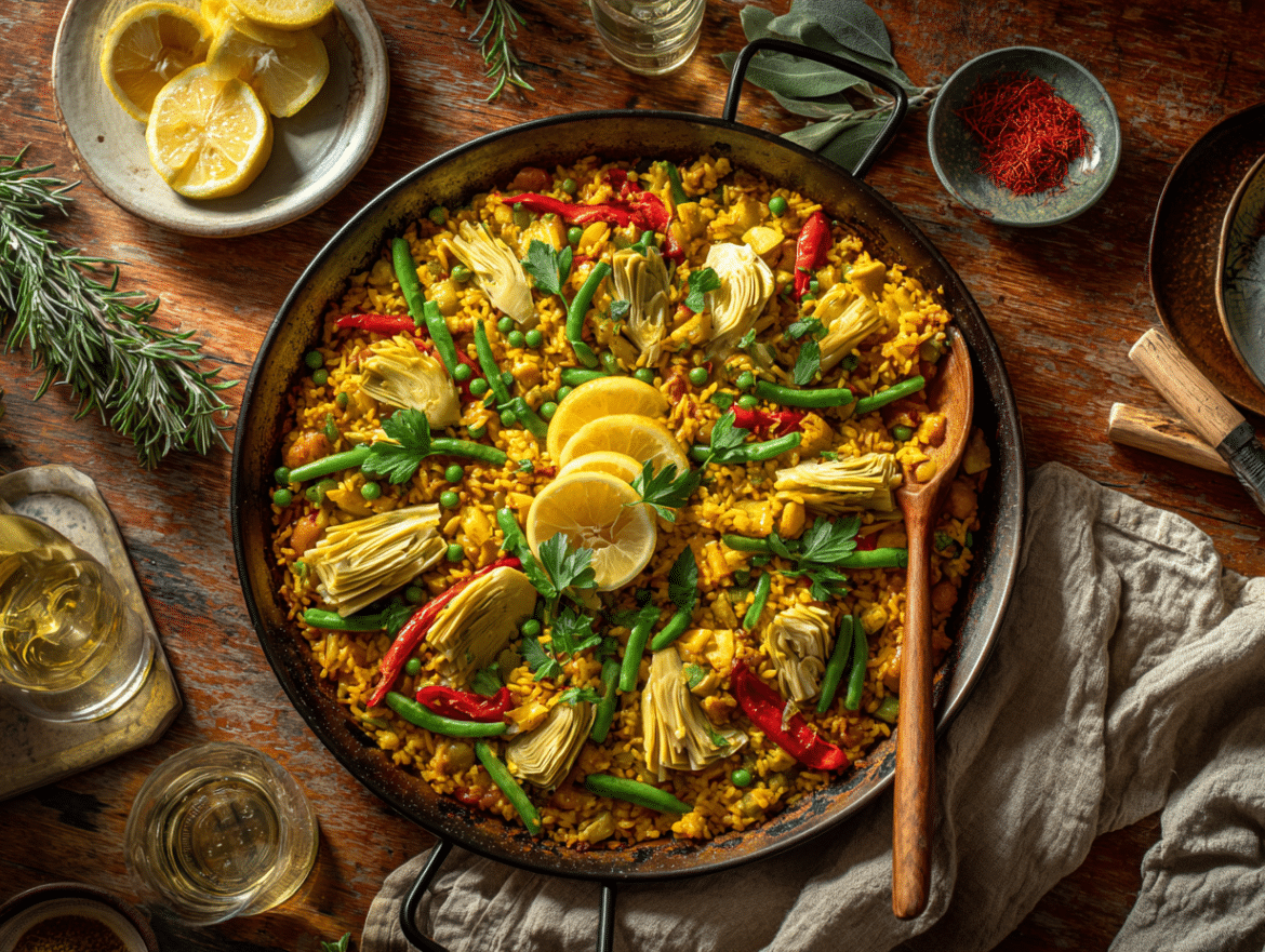 Vegan Paella Valenciana with Artichokes and Peas