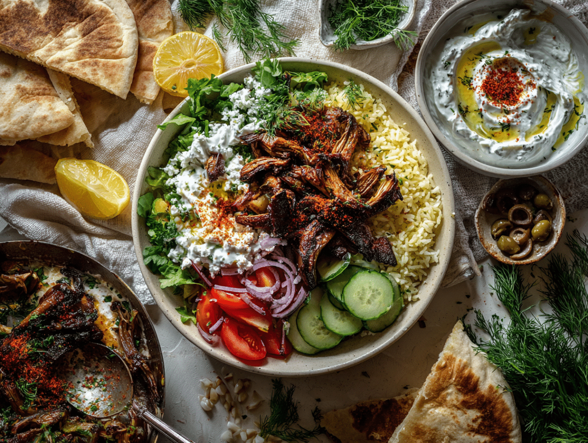 Vegan Greek Gyro Bowl with Lemon-Dill Rice and Tzatziki