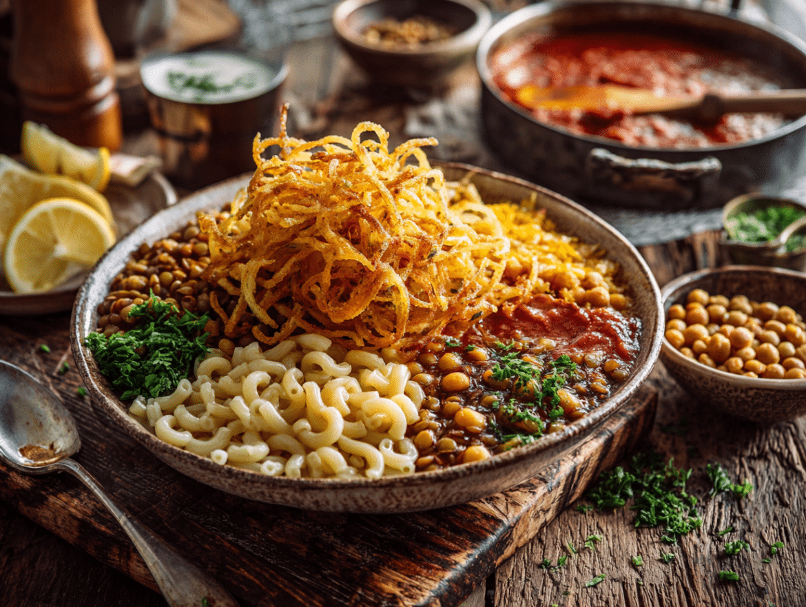 Egyptian Koshari with Cumin Tomato Sauce and Crispy Onions
