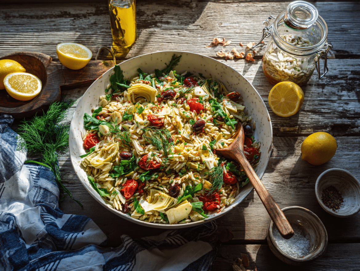 Vegan Mediterranean Orzo Salad with Artichokes