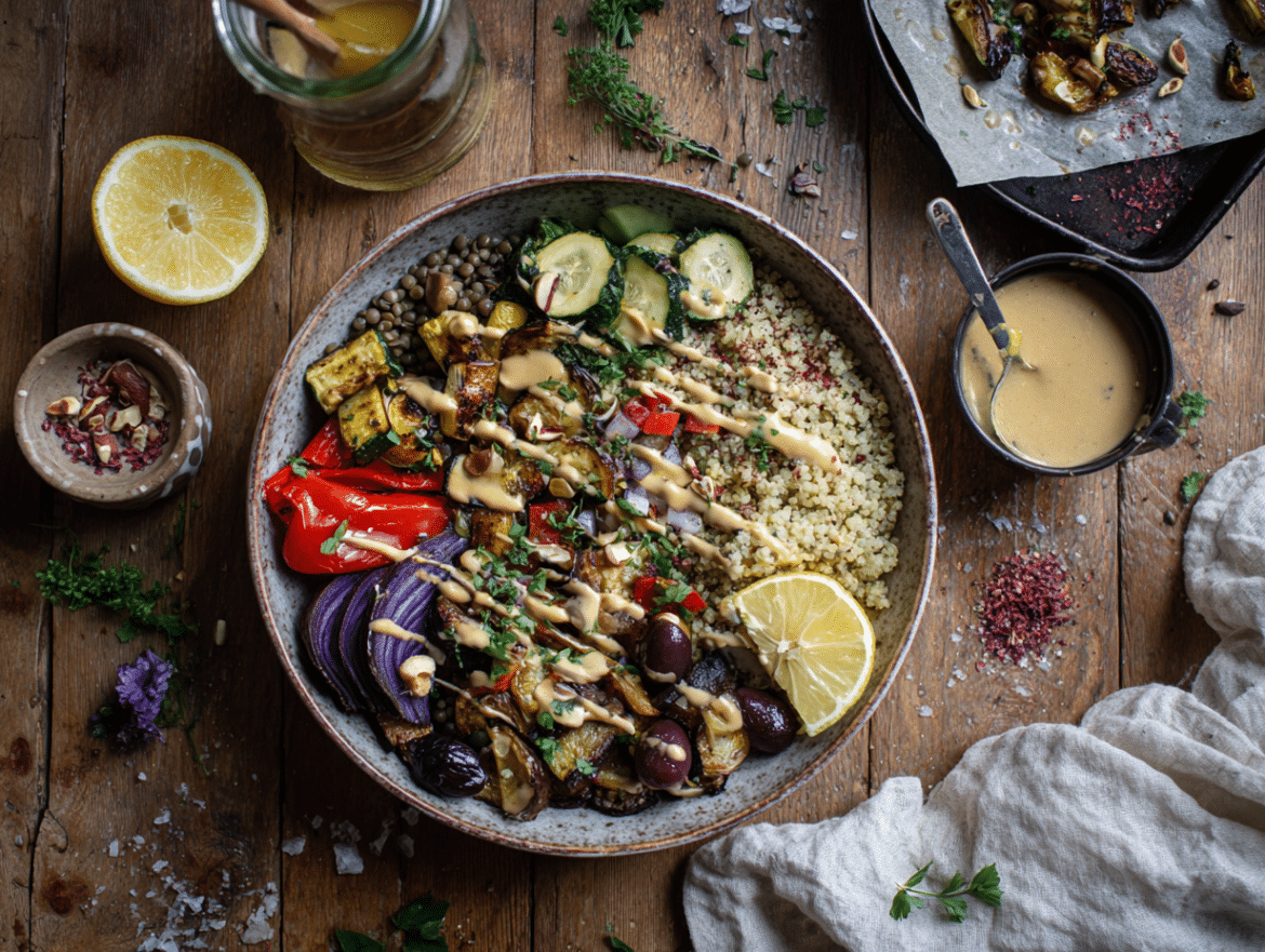 Mediterranean Lentil Power Bowl with Roasted Vegetables and Tahini–Lemon Dressing