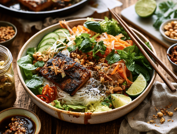 Vietnamese Rice Noodle Salad (Bfn Chay) with Lemongrass Tofu